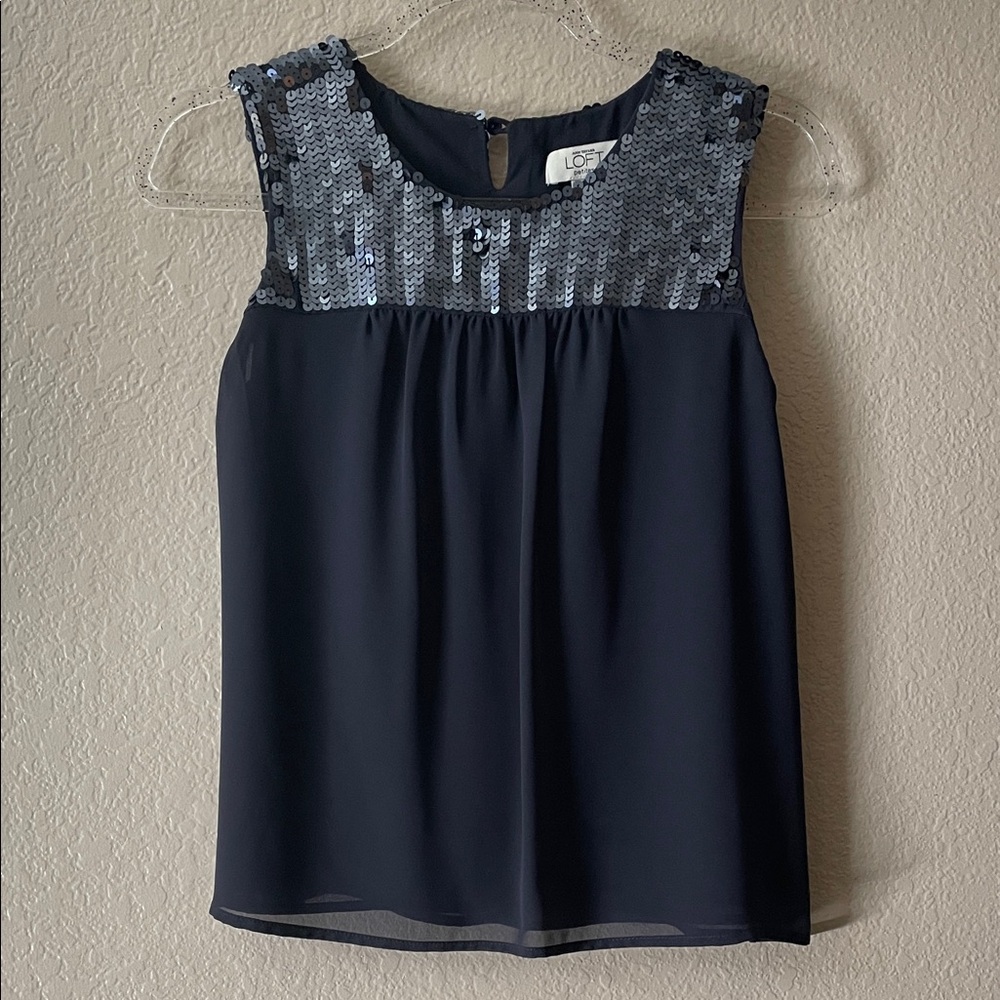 LOFT Navy Sequin Embellished Blouse